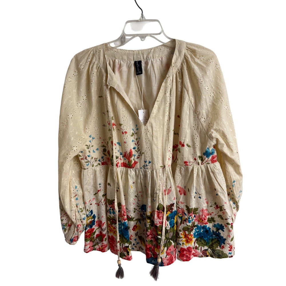 Sacred Threads Cream Eyelet Floral Babydoll Blouse L/XL NWT Boho Peasant